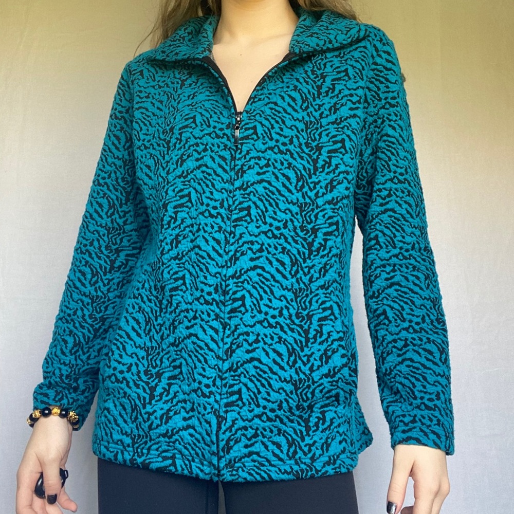 Blue Zebra Patterned Medium Zip Up Jacket - image 2